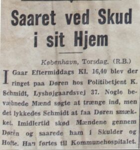 WOUNDED BY GUNSHOT AT HOME: Vice President of Engelbert-Petersens Bagerier, C. Engelbert-Petersen, took a taxi to his home in St Kongensgade via Østerbrogade on Tuesday evening (1 May 1945, ed) as a car further ahead was shot at. A stray bullet hit Engelbert-Petersen who was admitted to Kommunehospitalet (now City Campus, ed) shortly after.